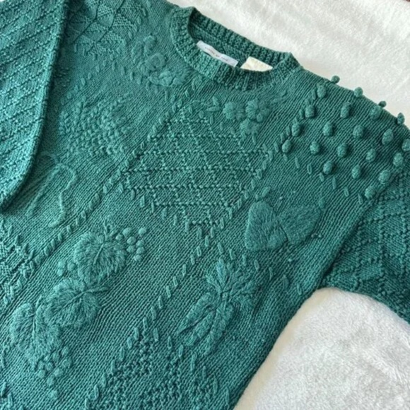 Vintage grandmacore cottagecore 80s 90s hand knit embroidered sweater - Picture 2 of 7